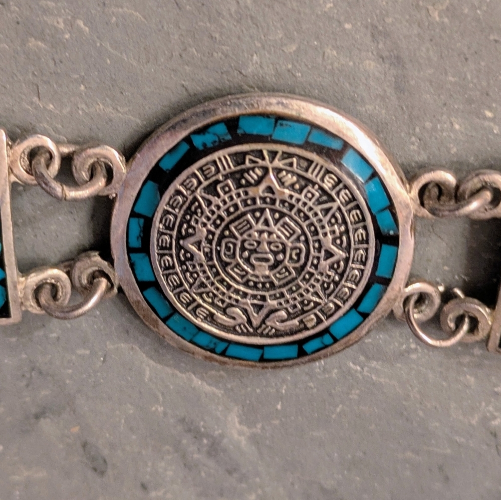 Turquoise and 925 Sterling Silver Aztec-Inspired Bracelet
